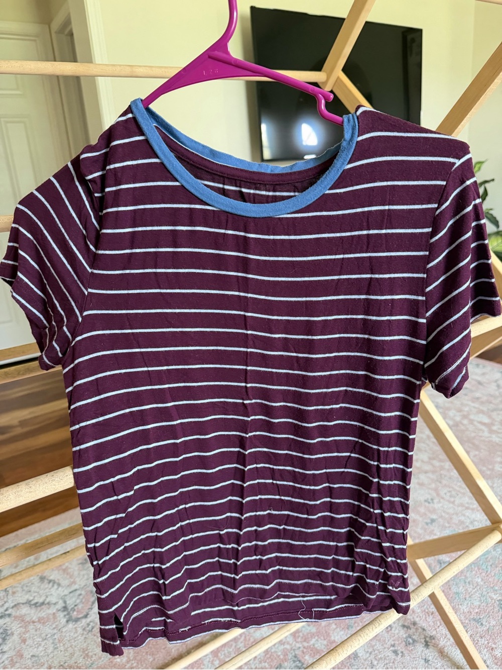 Women's Striped Baby Tee - Maroon with Blue Trim